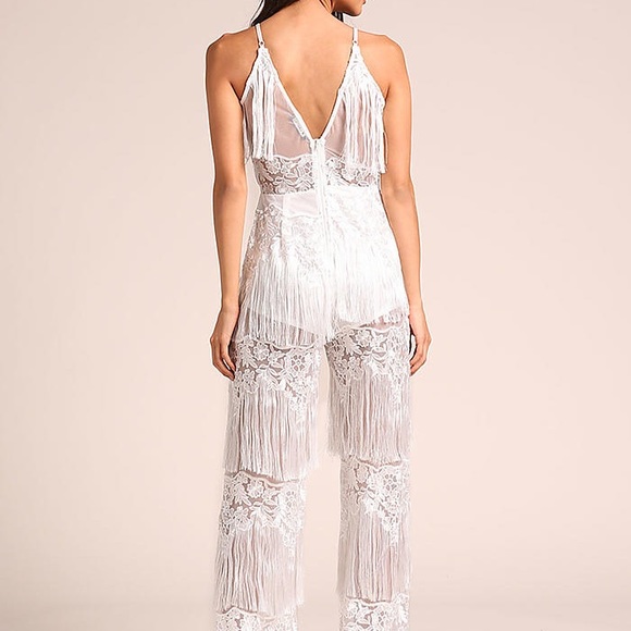 White Tassel Embroidered Tulle Plunge Jumpsuit - Picture 4 of 4